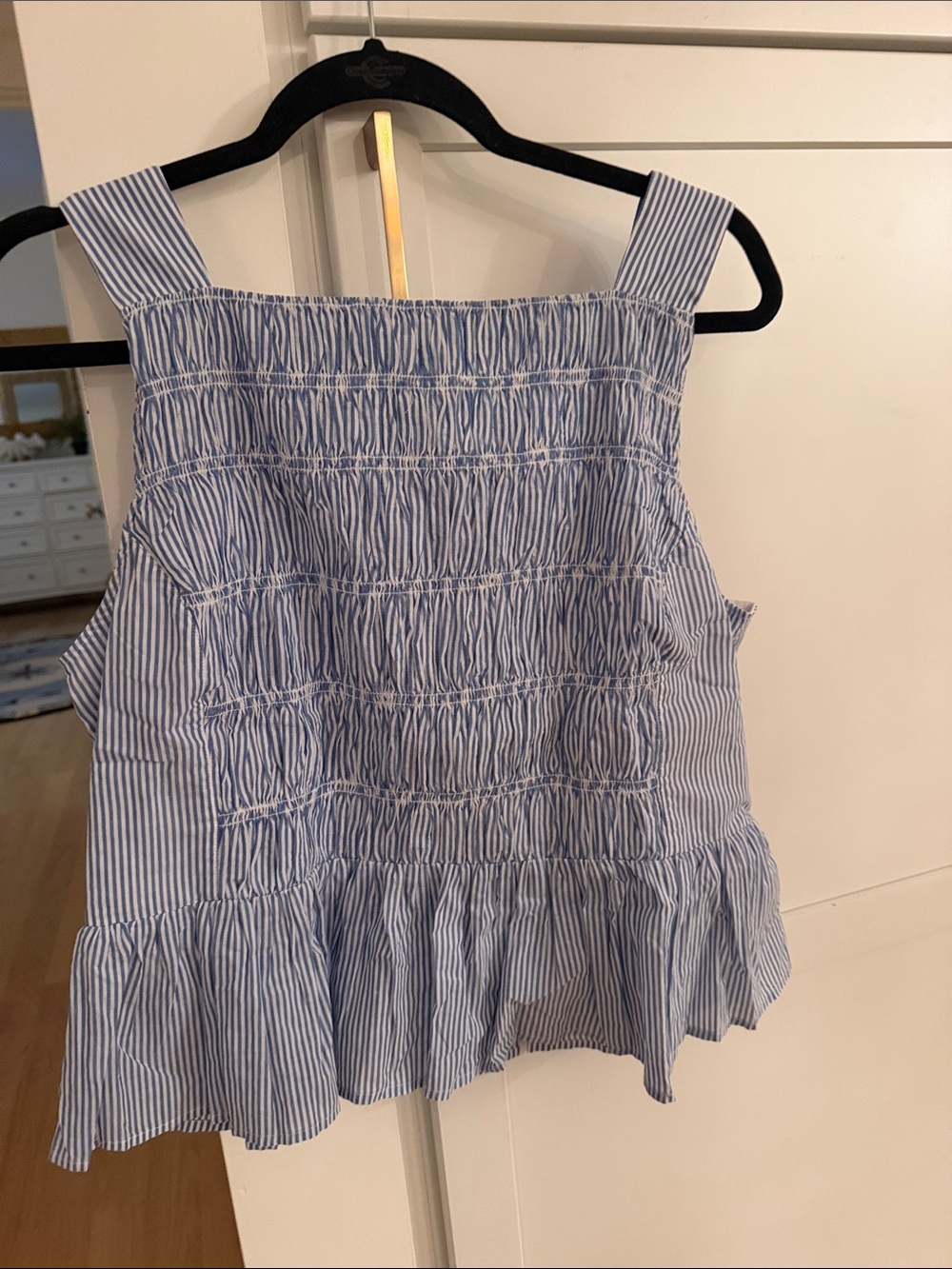 J. Crew Factory Blue and White Striped Smocked Ruffle Tank